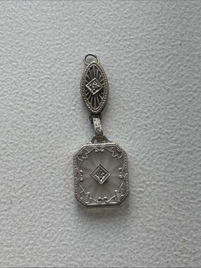 Antique c. 1920s Art Deco Platinum Camphor Glass & Diamond Filigree Pendant